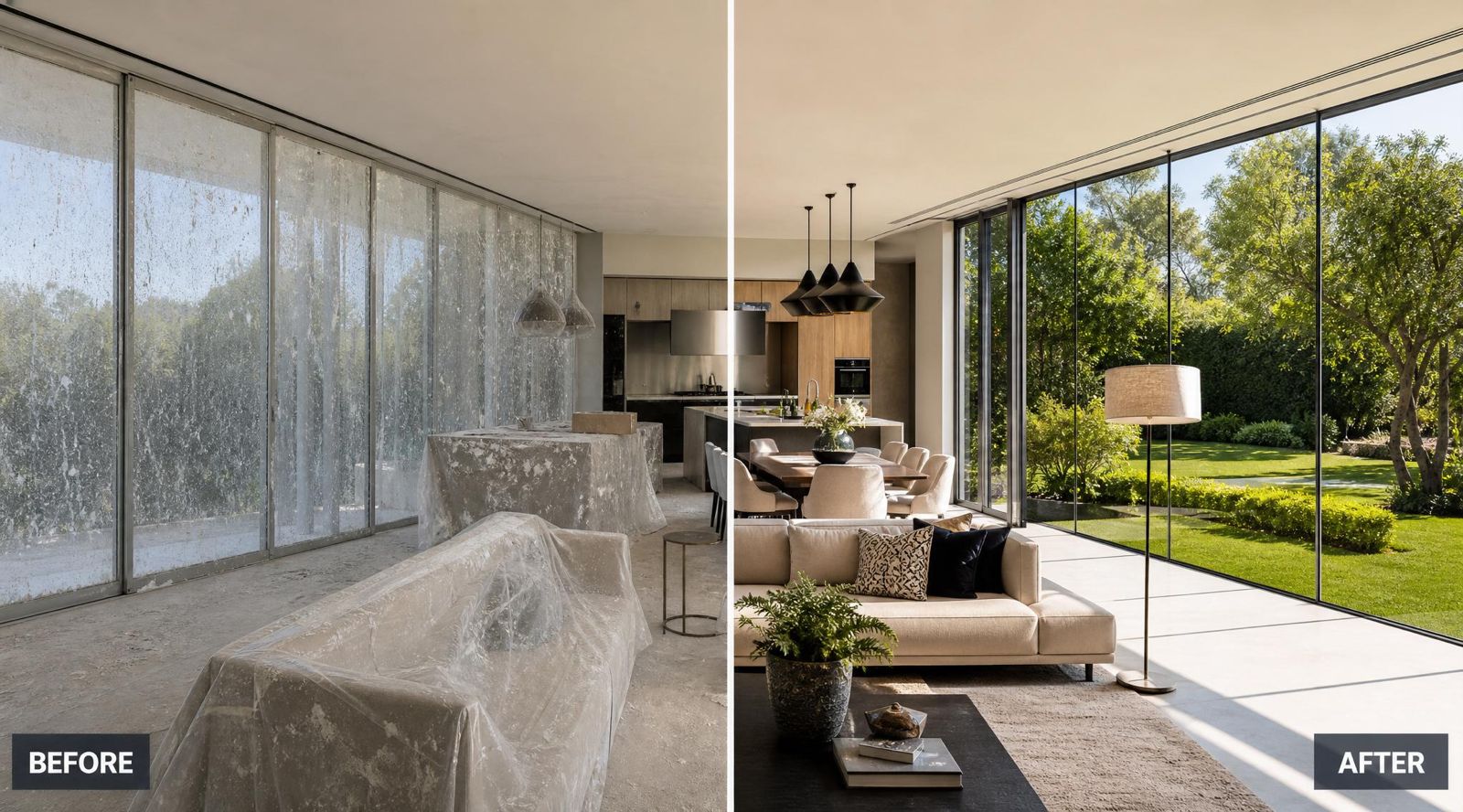 Floor-to-ceiling glass walls before and after construction dust removal