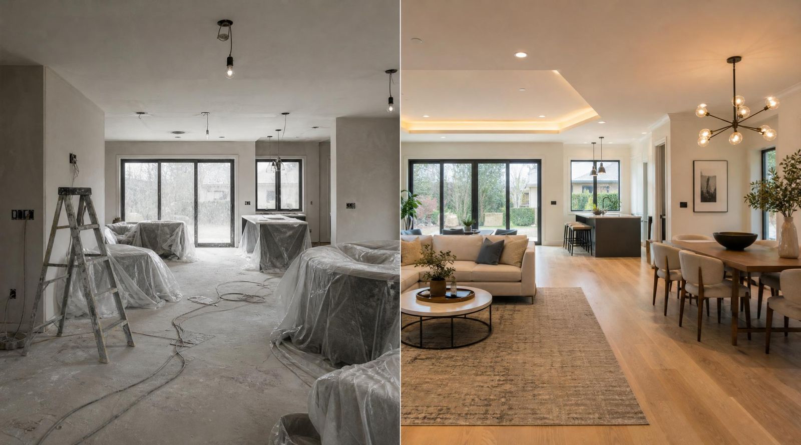 Open-plan living and dining room before and after post-renovation cleaning