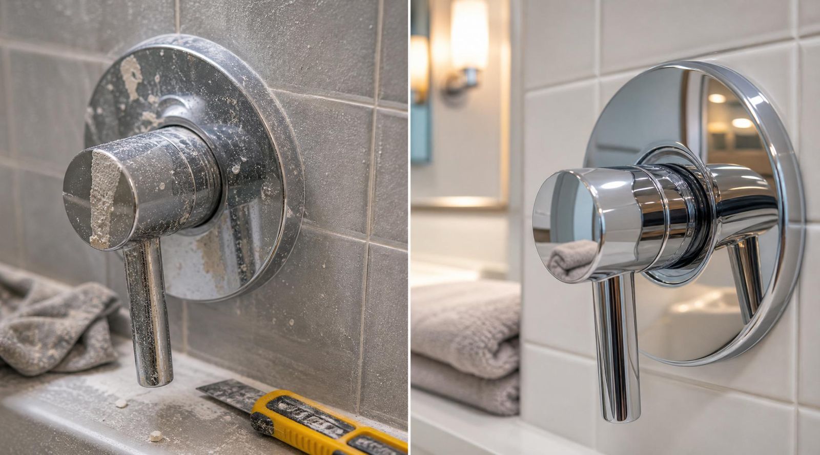 Shower fixture before and after deep cleaning